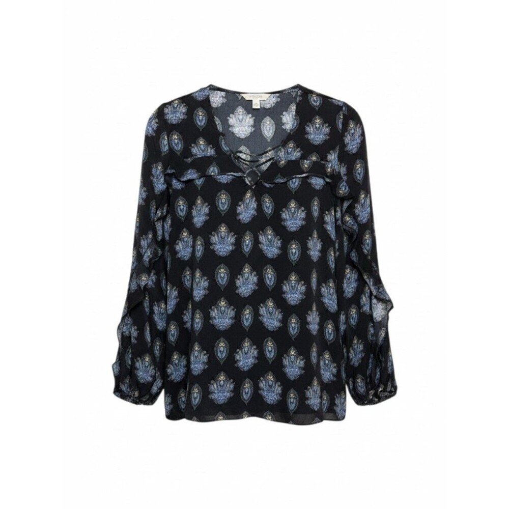 Kobi Halperin 100% Silk Navy Blue Paisley Lace Up Ruffle Peasant Blouse M